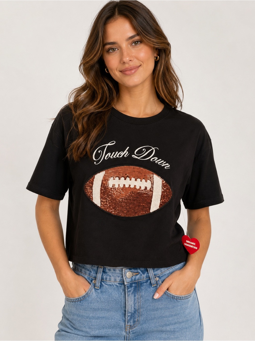 Touch Down Sequin Football Crop Tee - Black